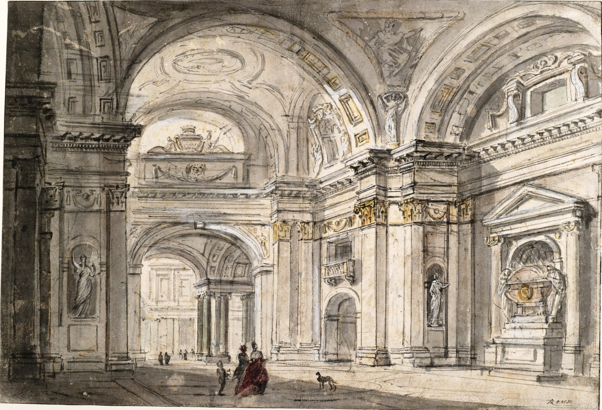 View of Church Interior, vintage artwork by Charles-Michel-Ange Challe, 12x8" (A4) Poster