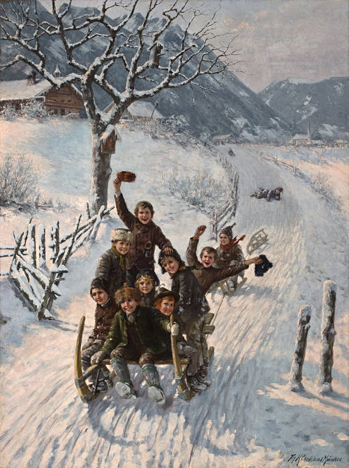 Children Sledding, vintage artwork by Theodore Kleehaas, 12x8" (A4) Poster