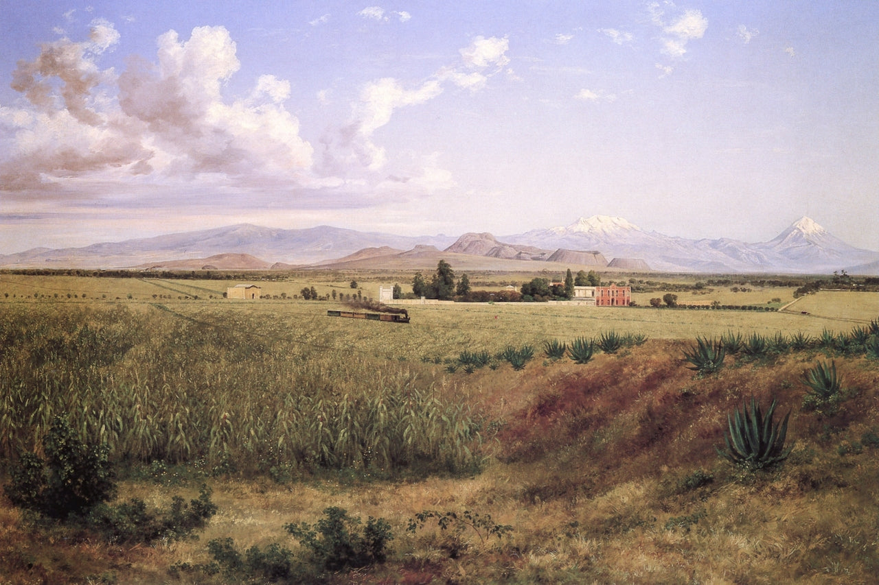 Hacienda de Coapa y los volcanes, vintage artwork by Jose María Velasco, 12x8" (A4) Poster