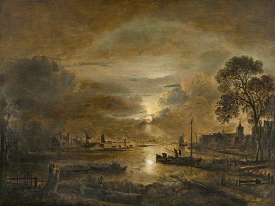 Moonlight on a Dutch River, vintage artwork by Aert van der Neer, 12x8" (A4) Poster