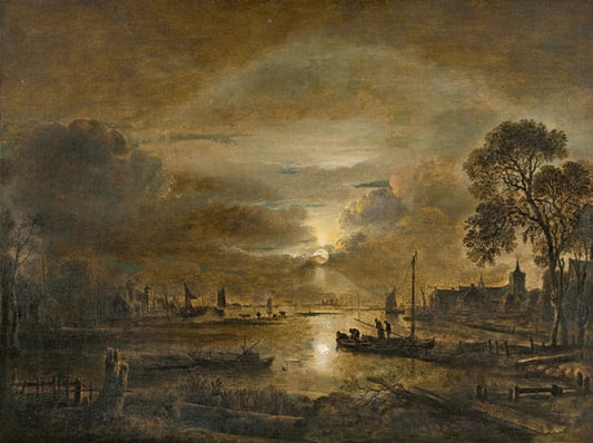 Moonlight on a Dutch River, vintage artwork by Aert van der Neer, 12x8" (A4) Poster