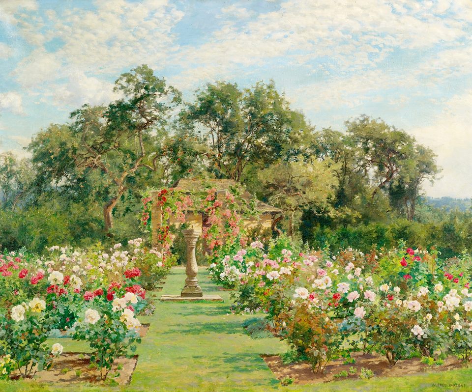A sundial in a rose garden, vintage artwork by Alfred William Parsons, R.A., P.R.W.S., 12x8" (A4) Poster