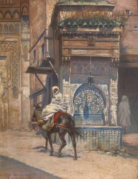 Cavalier près d'une fontaine, vintage artwork by Jose Silbert, 12x8" (A4) Poster