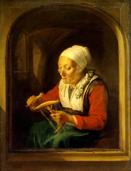 Old Woman Unreeling Threads, vintage artwork by Gerrit Dou, 12x8" (A4) Poster