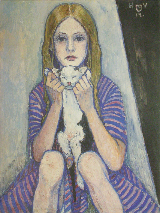 Girl with Cat, vintage artwork by Johann Heinrich Vogeler, 12x8" (A4) Poster
