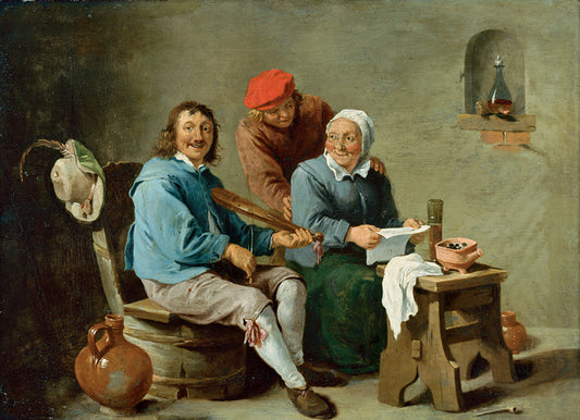 Domestic Scene with Three Figures, vintage artwork by David Teniers (II), 12x8" (A4) Poster