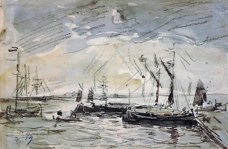 Barges on Water, vintage artwork by Eugène-Louis Boudin, 12x8" (A4) Poster