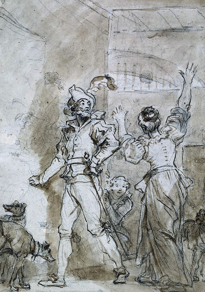 Don Quixote trying to get into his walled-up library, vintage artwork by Jean-Honore Fragonard, 12x8" (A4) Poster