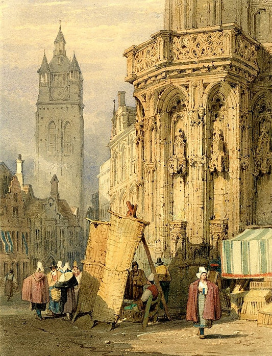Ghent - St Bavon from near the Hotel de Ville, vintage artwork by Samuel Prout, 12x8" (A4) Poster