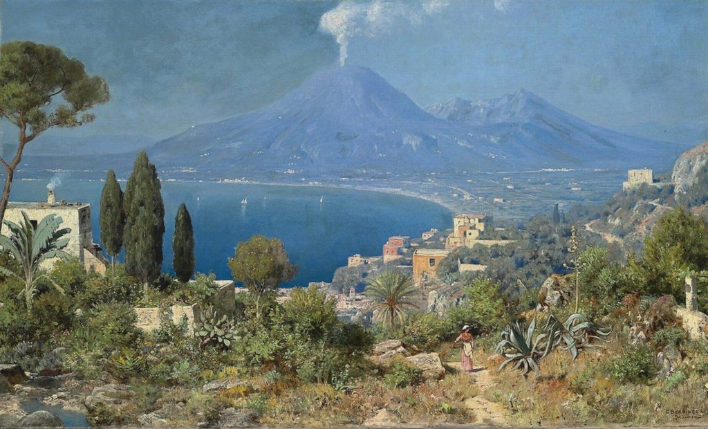 The Bay of Naples, Vesuvius beyond, vintage artwork by Edmund Berninger, 12x8" (A4) Poster