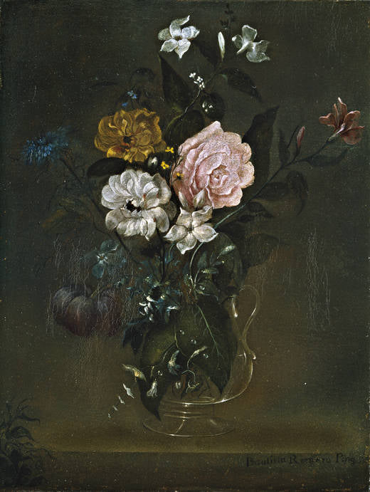 Glass vase with roses and jasmine, vintage artwork by Juan Bautista Romero, 12x8" (A4) Poster