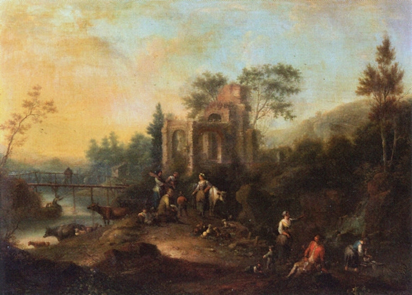 Figures and Animals before Ruins (2), vintage artwork by Johann (Jan) Christian Vollerdt, 12x8" (A4) Poster