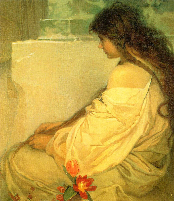 Girl with Loose Hair and Tulips, vintage artwork by Alfons Mucha, 12x8