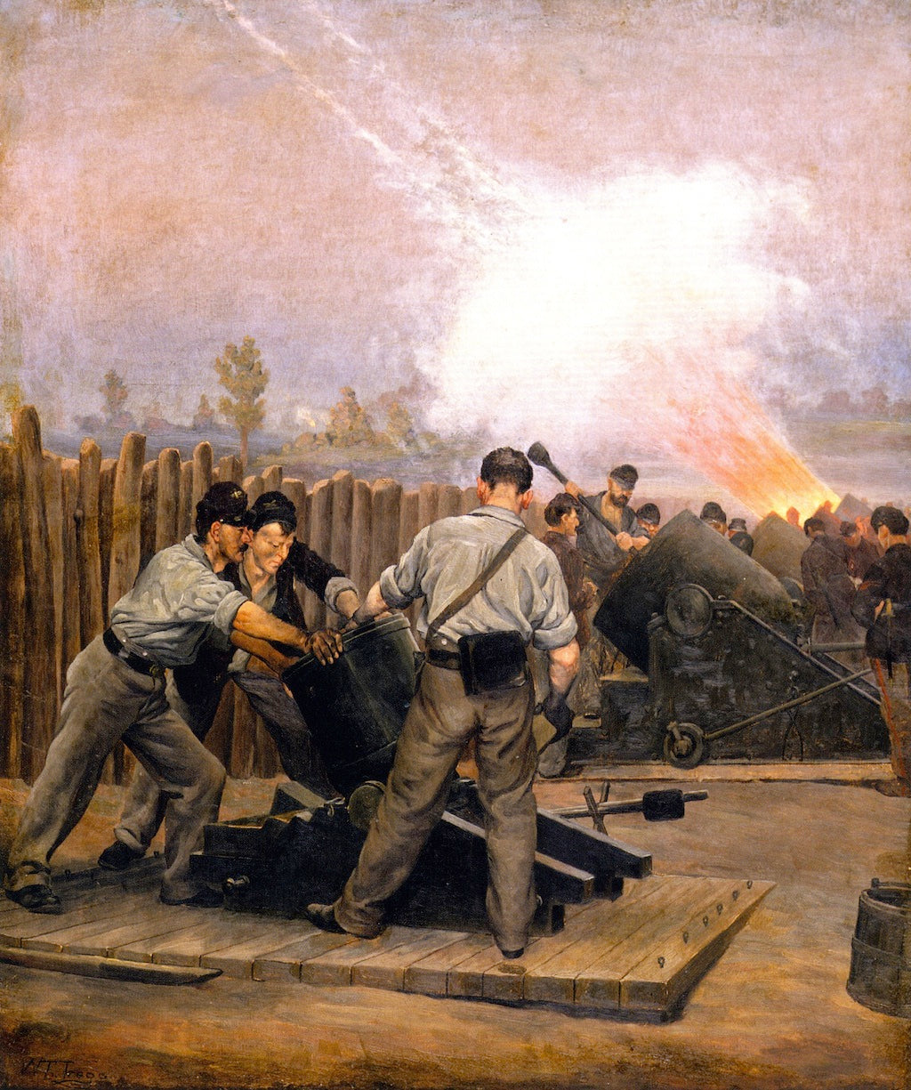 Artillery: Nine and Thirteen Inch Mortars, Siege of Petersburg, 1864, vintage artwork by William Trego, 12x8" (A4) Poster