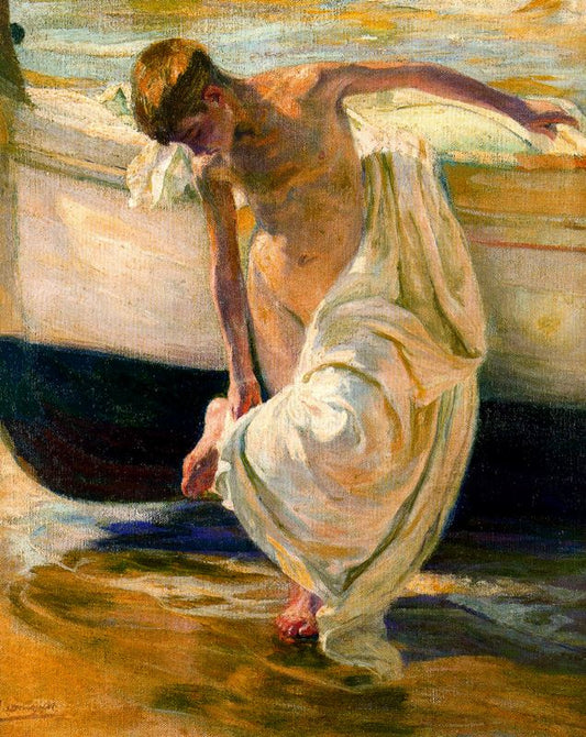 Niño en la playa, vintage artwork by Jose Mongrell Torrent, 12x8" (A4) Poster