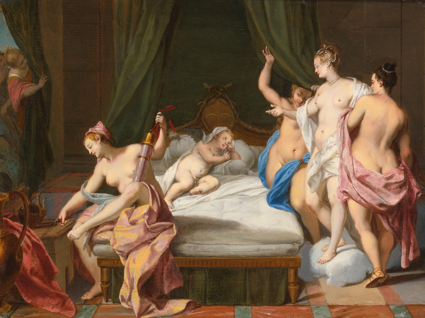 Venus and the Three Graces Tending Cupid, vintage artwork by Nicolas Vleughels, 12x8" (A4) Poster
