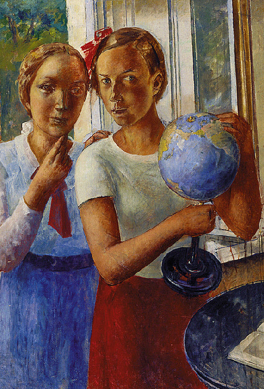 The Artist's Daughter Holding a Globe, vintage artwork by Kuzma Petrov-Vodkin, 12x8" (A4) Poster