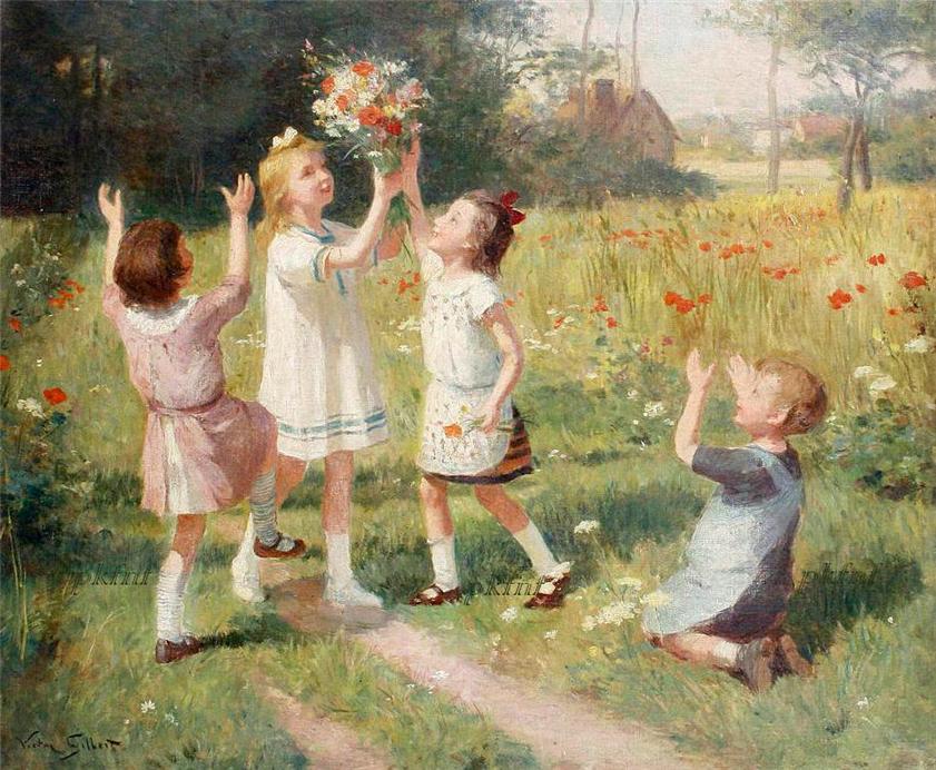 Picking wild flowers, vintage artwork by Victor Gabriel Gilbert, 12x8" (A4) Poster