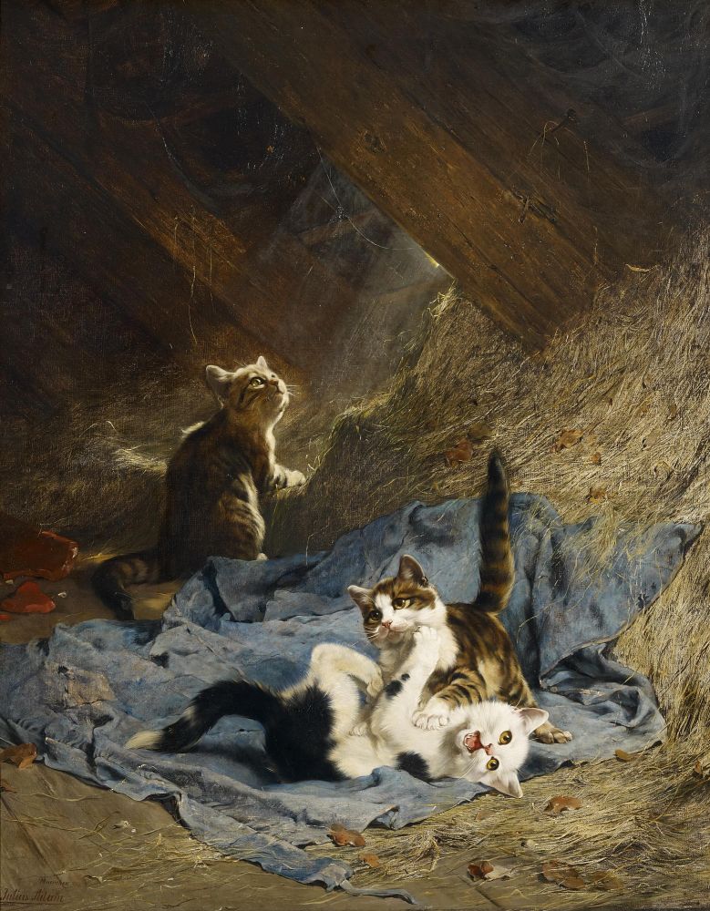 Kittens Playing in the Hay, vintage artwork by Julius Adam, 12x8" (A4) Poster