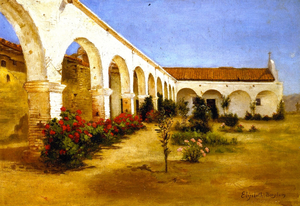 Facade of Mission San Juan Capistrano, vintage artwork by Elizabeth Borglum, 12x8" (A4) Poster