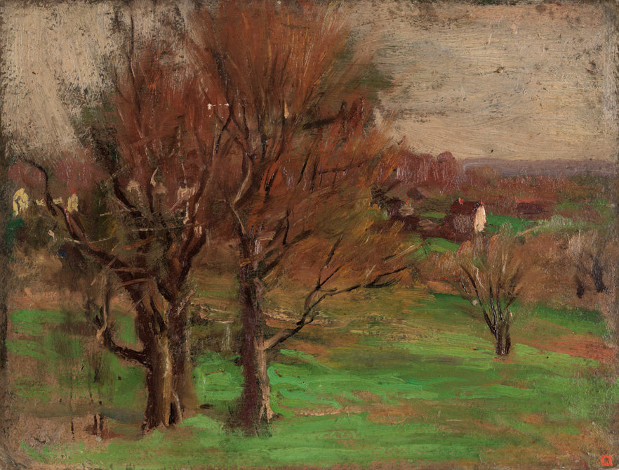 Landscape with Trees and House, vintage artwork by Thomas P. Anshutz, 12x8" (A4) Poster