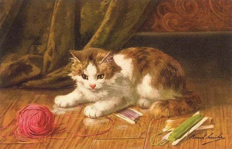 chat et pelote de laine by Alfred Brunel de Neuville,A3(16x12")Poster