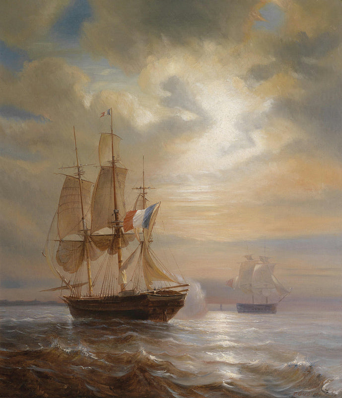 Sailing Ships at Dusk, vintage artwork by Theodore Gudin, A3 (16x12
