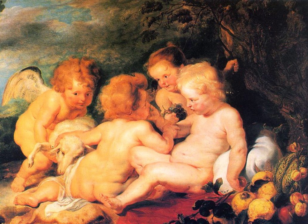 Christ and St. John with Angels, vintage artwork by Peter Paul Rubens, 12x8" (A4) Poster