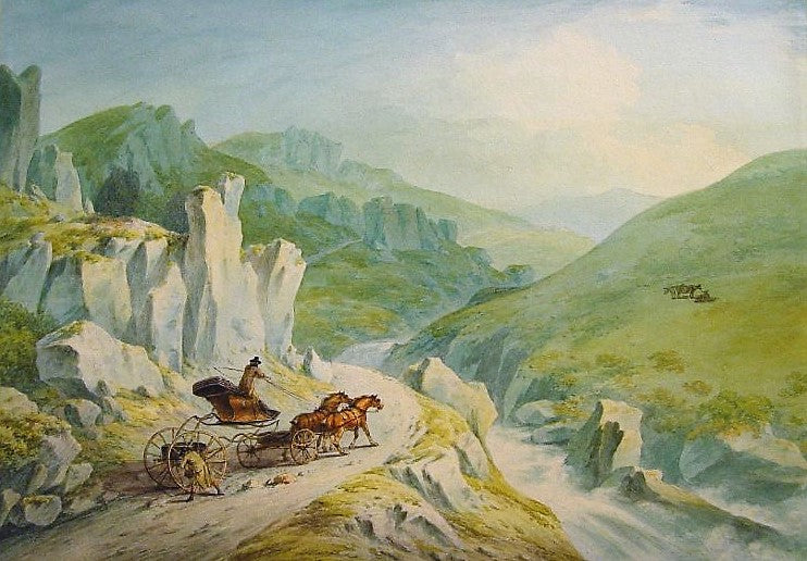 The Hon Robert Fulke Greville's Phaeton Crossing the Mountains, vintage artwork by Attributed to Julius Caesar Ibbetson, 12x8" (A4) Poster