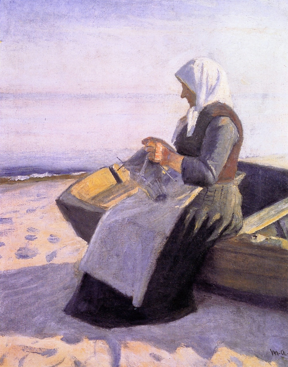 Fisherman's Wife Knitting on Skagen Beach, vintage artwork by Michael Peter Ancher, 12x8" (A4) Poster