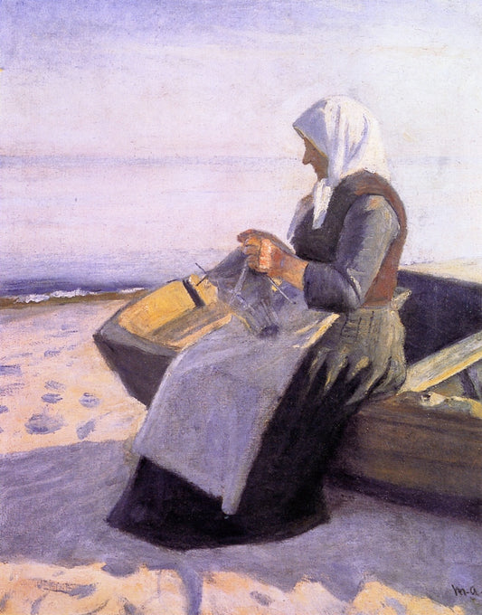 Fisherman's Wife Knitting on Skagen Beach, vintage artwork by Michael Peter Ancher, 12x8" (A4) Poster