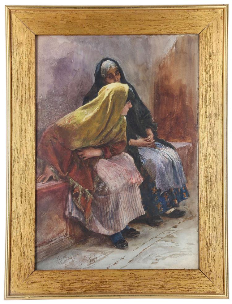 Two Women, Bruges (Belgium), vintage artwork by Ludwig Johann Passini, 12x8" (A4) Poster