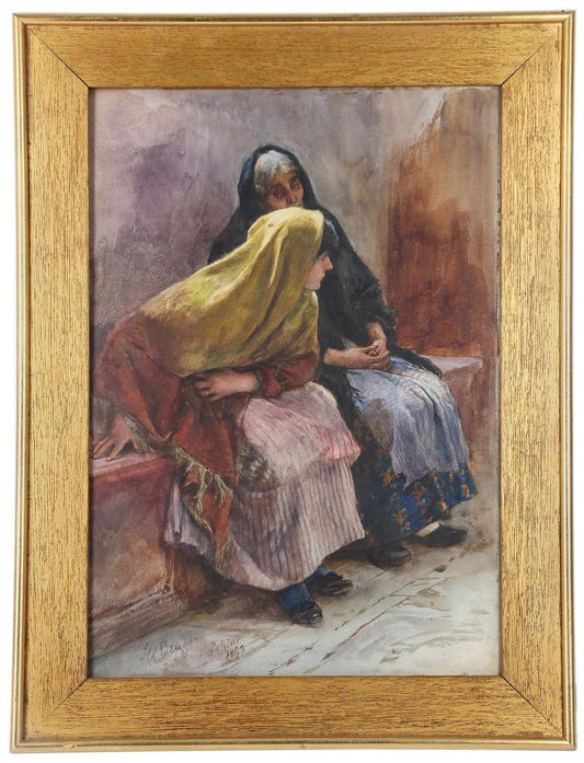 Two Women, Bruges (Belgium), vintage artwork by Ludwig Johann Passini, 12x8" (A4) Poster