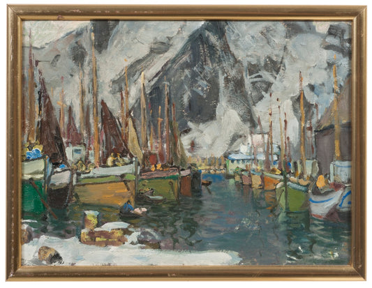 Among the Fishing Boats in Svolvaer. Study from Lofoten, vintage artwork by Anna Boberg, 12x8" (A4) Poster