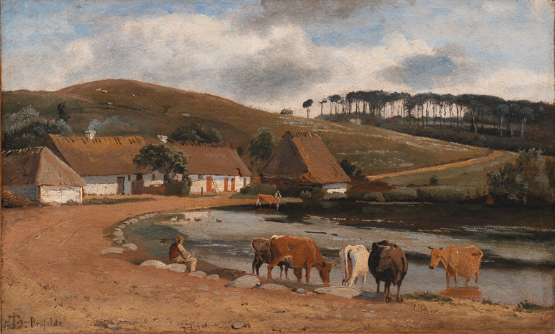 Cows Being Watered at a Village Pond, Brofelde, Zealand, vintage artwork by Johan Thomas Lundby e, A3 (16x12") Poster Print