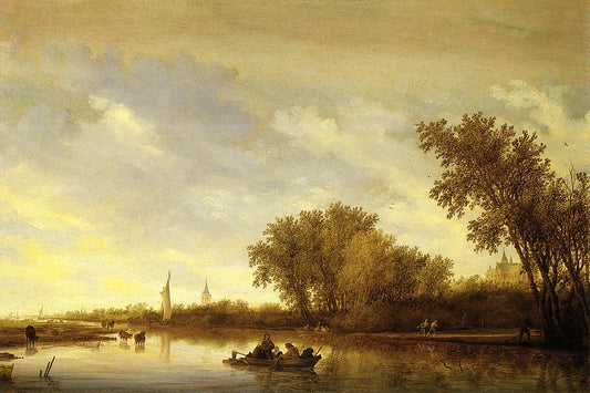A River Landscape with Boats and Chateau, vintage artwork by Salomon van Ruysdael, 12x8" (A4) Poster