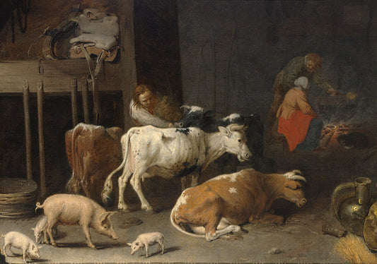 Interior with a Peasant Feeding Cows and Pig, vintage artwork by David Ryckaert III, 12x8" (A4) Poster