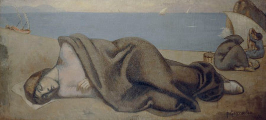 Girl Asleep on the Beach, vintage artwork by Julio González, 12x8" (A4) Poster