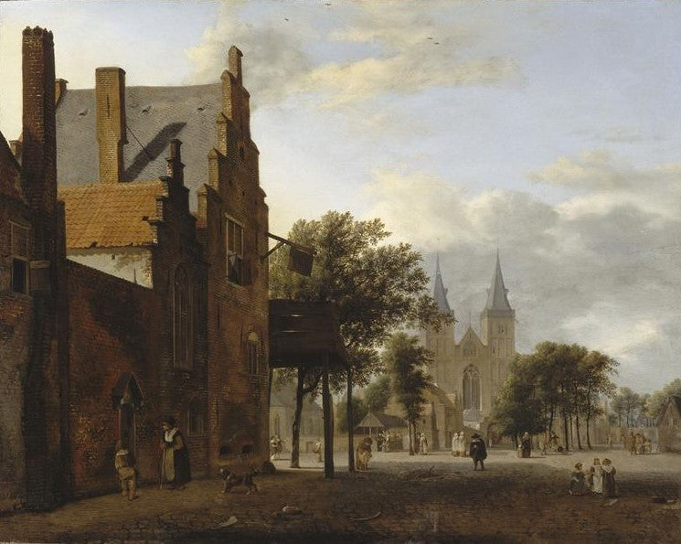 Square and Church of Saint Victor at Xanten in Germany, vintage artwork by Jan van der Heyden, 12x8" (A4) Poster
