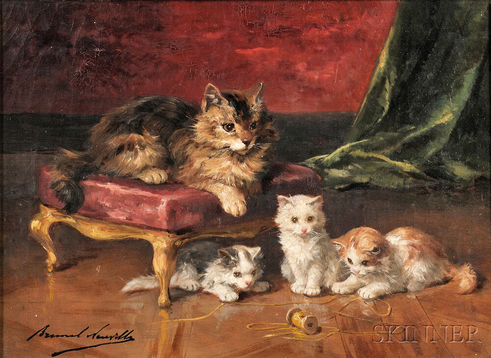 mother cat and her kittens, vintage artwork by Alfred Brunel de Neuville, 12x8" (A4) Poster