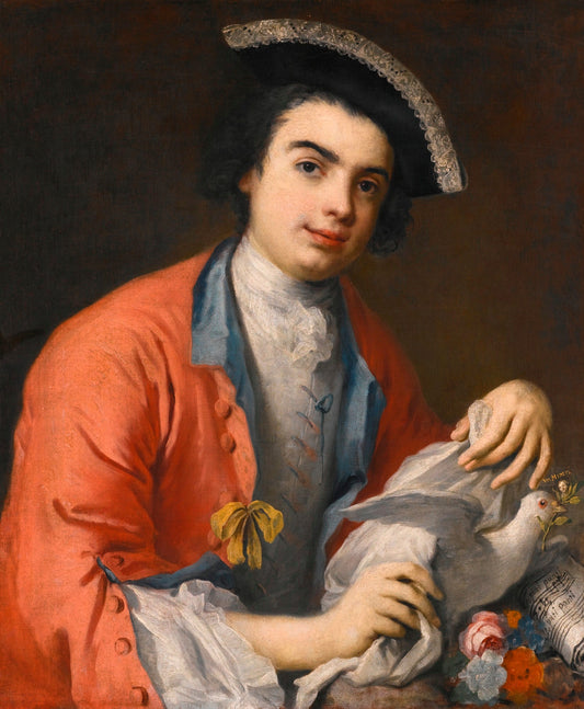 Portrait of Carlo Broschi, called Farinelli, Holding a Dove, vintage artwork by Jacopo Amigoni, 12x8" (A4) Poster