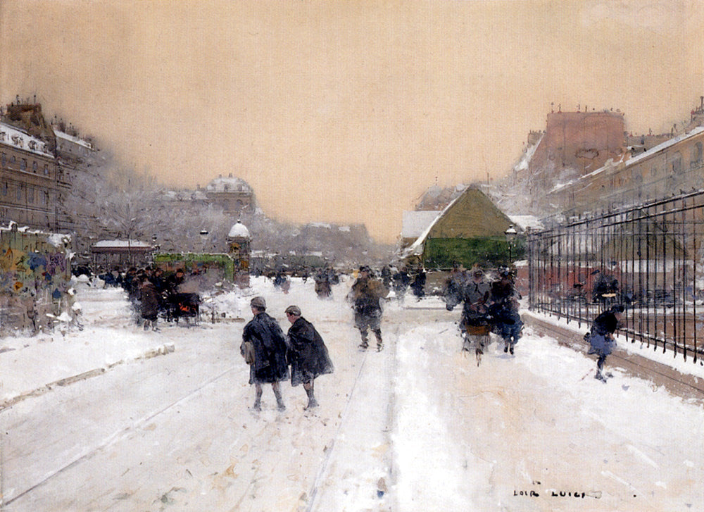 Paris with Snow, vintage artwork by Luigi Loir, 12x8" (A4) Poster