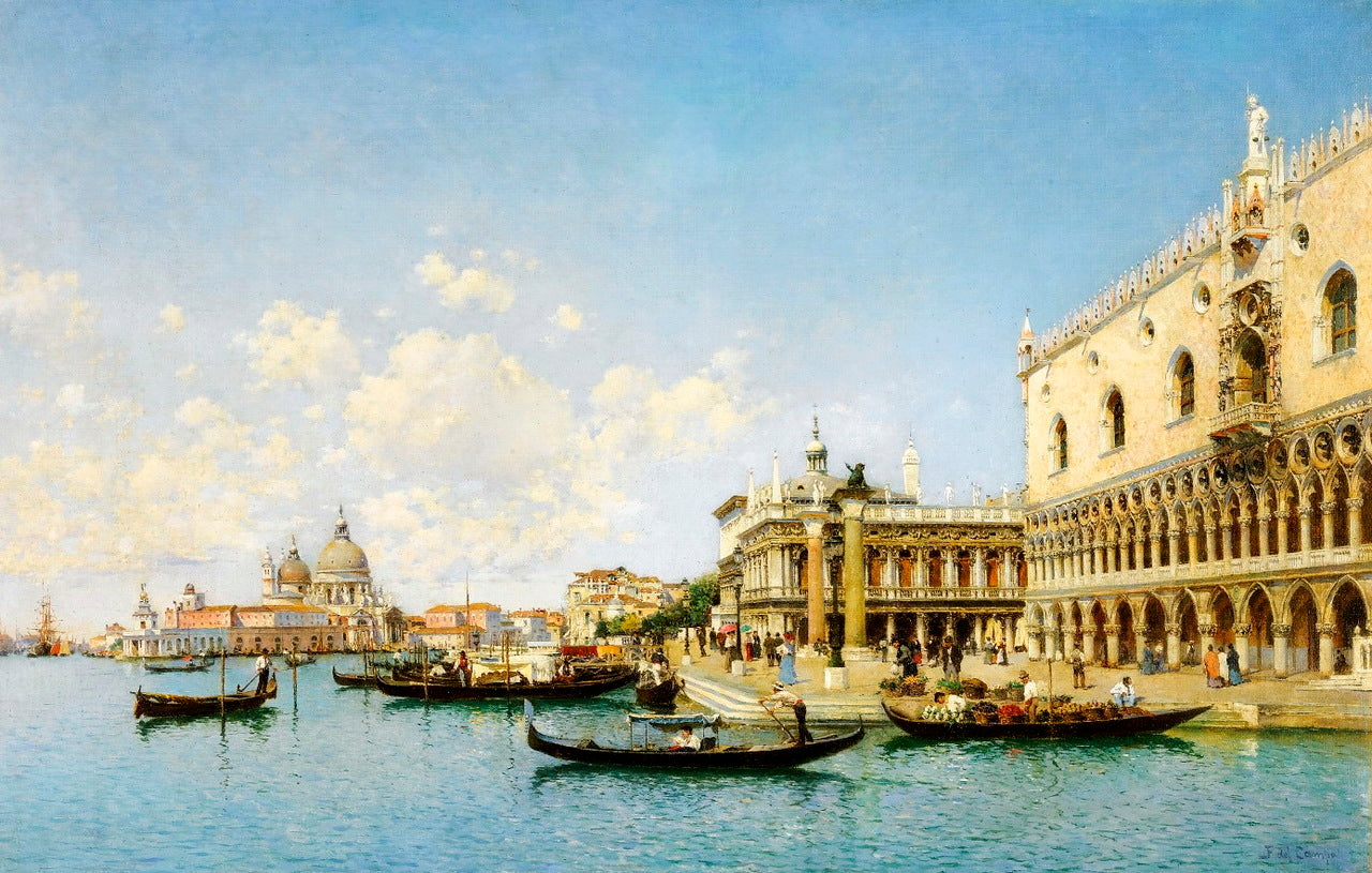 Gondolas by  the Doge's Palace, Venice, vintage artwork by Federico del Campo, 12x8" (A4) Poster