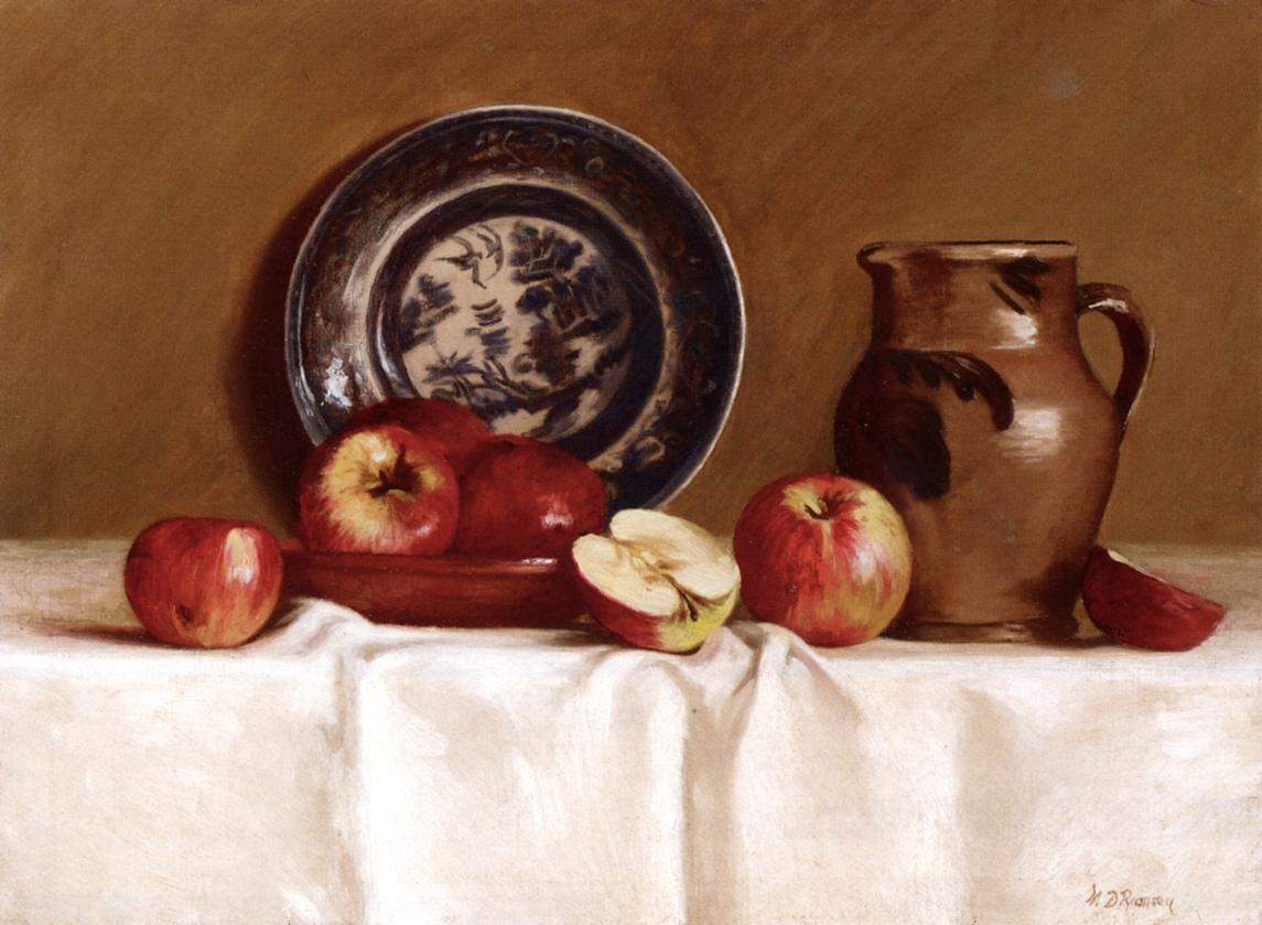 Apples, Ming Plate and Earthenware Pitcher, vintage artwork by Milne Ramsey, 12x8" (A4) Poster