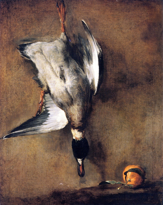 A Mallard Drake Hanging on a Wall and a Seville Orange, vintage artwork by Jean-Baptiste-Simeon Chardin, 12x8" (A4) Poster