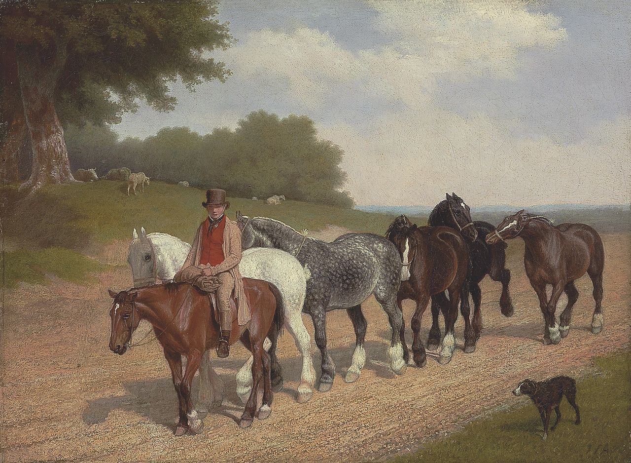 A groom with a string of carthorses and a dog, on a country road, vintage artwork by Jacques-Laurent Agasse, 12x8" (A4) Poster