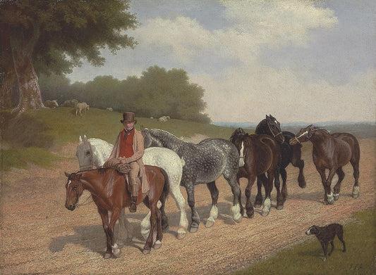 A groom with a string of carthorses and a dog, on a country road, vintage artwork by Jacques-Laurent Agasse, 12x8" (A4) Poster