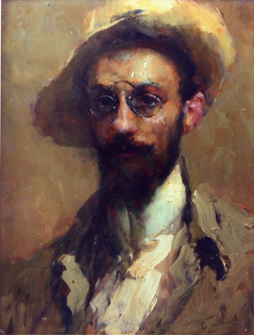 Portrait of a Man with Hat and Glasses, vintage artwork by Cesare Tallone, 12x8" (A4) Poster