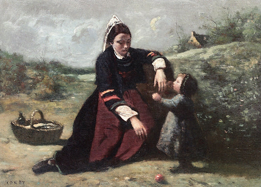 Breton Woman With Her Little Girl, vintage artwork by Jean-Baptiste-Camille Corot, A3 (16x12") Poster Print