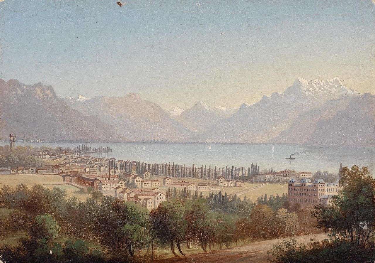 Montreux, vintage artwork by Hubert Sattler, A3 (16x12") Poster Print